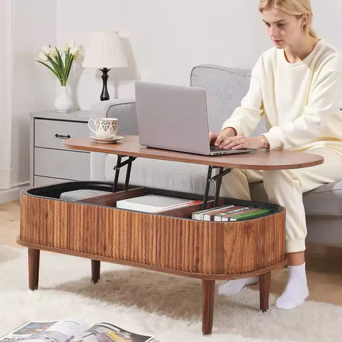 39.4 in Lift Top Coffee Table, Fluted Oval Coffee Table with 3 Hidden Compartment, Mid Century Wooden Oval Center Desk with Storage