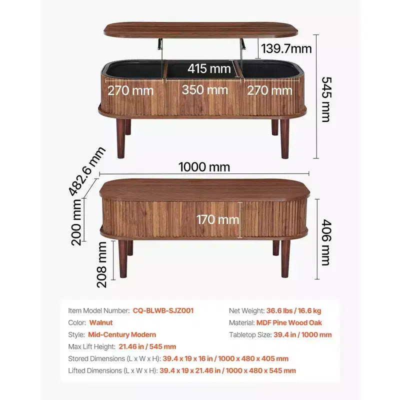 39.4 in Lift Top Coffee Table, Fluted Oval Coffee Table with 3 Hidden Compartment, Mid Century Wooden Oval Center Desk with Storage
