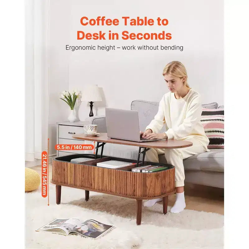 Tavolino da caffè sollevabile da 100 cm, tavolino ovale scanalato con 3 scomparti nascosti, tavolino centrale ovale in legno in stile metà secolo con contenitore