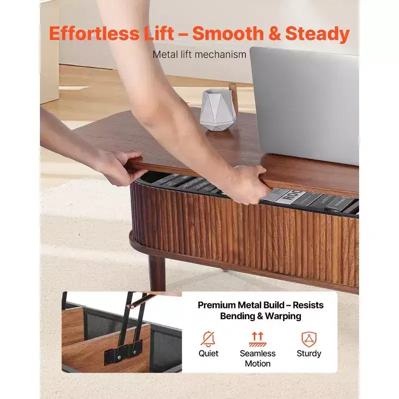 Tavolino da caffè sollevabile da 100 cm, tavolino ovale scanalato con 3 scomparti nascosti, tavolino centrale ovale in legno in stile metà secolo con contenitore