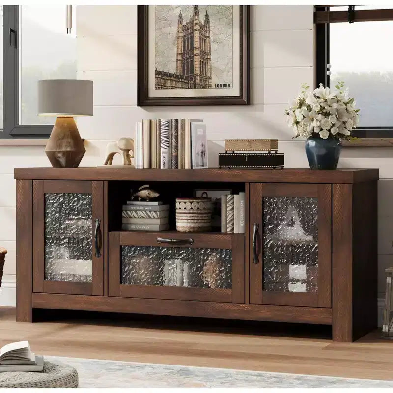 Credenza da 55" con ante in acrilico, nero / marrone rustico / bianco