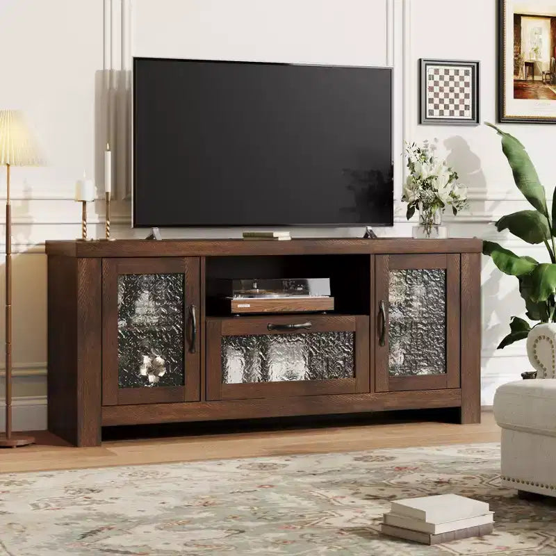 Credenza da 55" con ante in acrilico, nero / marrone rustico / bianco
