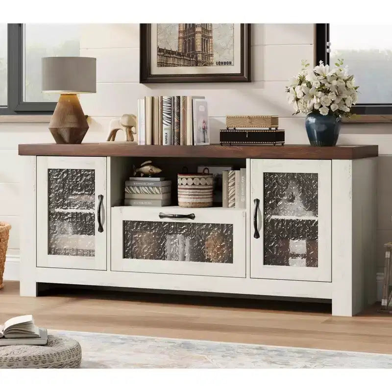 Credenza da 55" con ante in acrilico, nero / marrone rustico / bianco