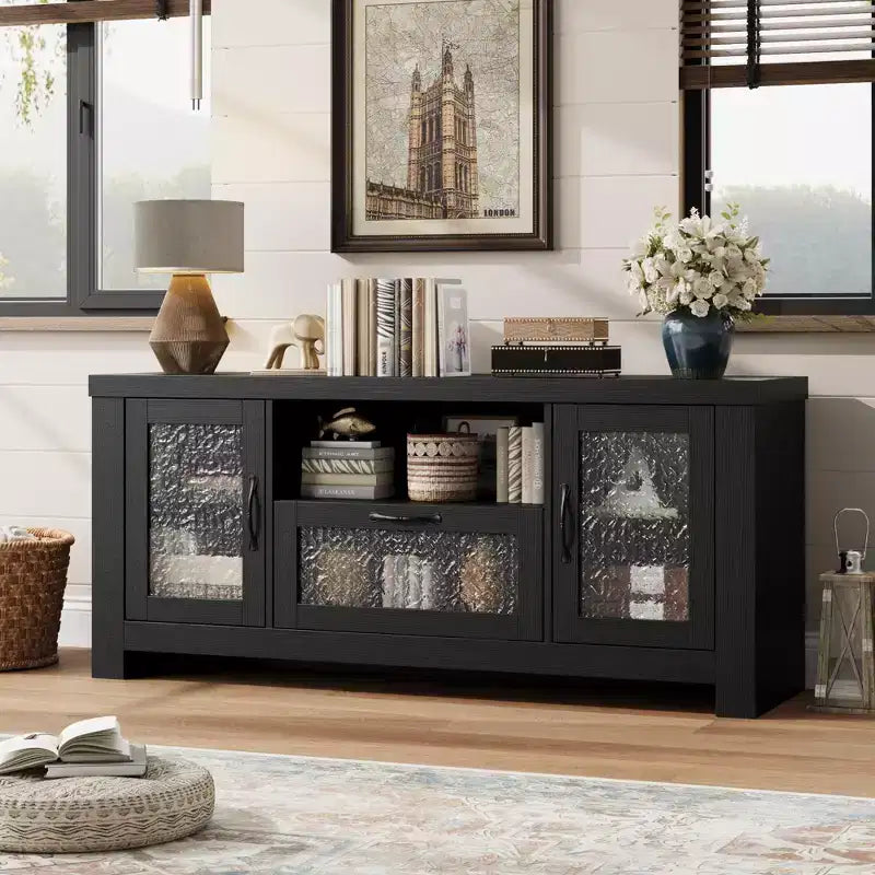 55" Sideboard Buffet Cabinet with Acrylic Doors, Black / Rustic Brown / White
