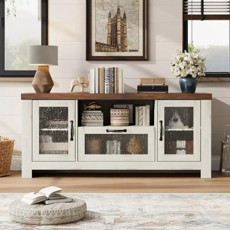 Credenza da 55" con ante in acrilico, nero / marrone rustico / bianco