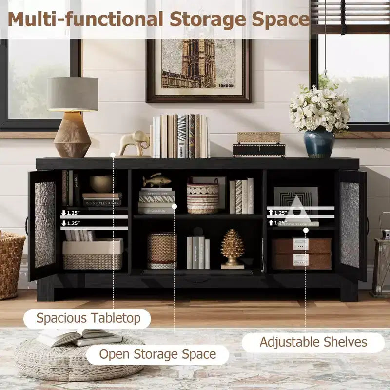 55" Sideboard Buffet Cabinet with Acrylic Doors, Black / Rustic Brown / White