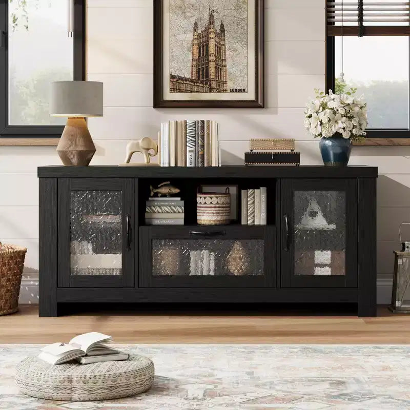 Credenza da 55" con ante in acrilico, nero / marrone rustico / bianco