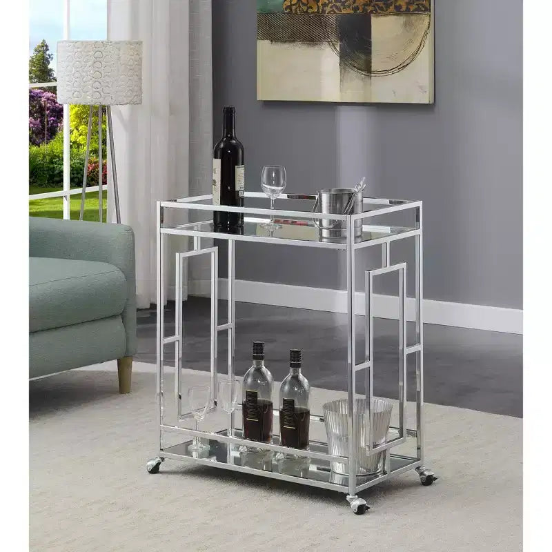 Town Square Bar Cart Clear Glass/Mirror/Chrome - Breighton Home: Glam Style, 2 Tier, Lockable Wheels