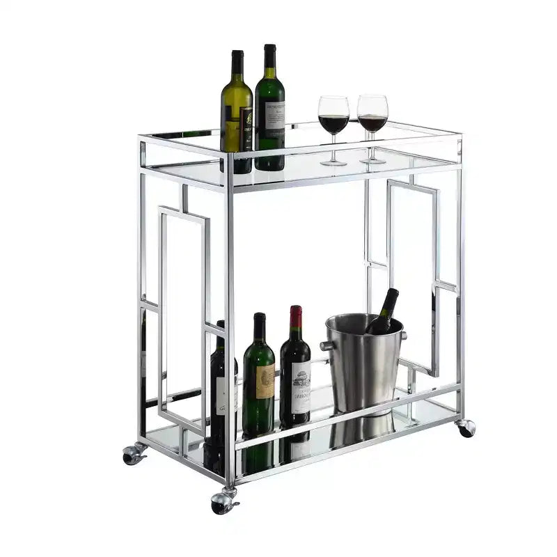 Town Square Bar Cart Clear Glass/Mirror/Chrome - Breighton Home: Glam Style, 2 Tier, Lockable Wheels