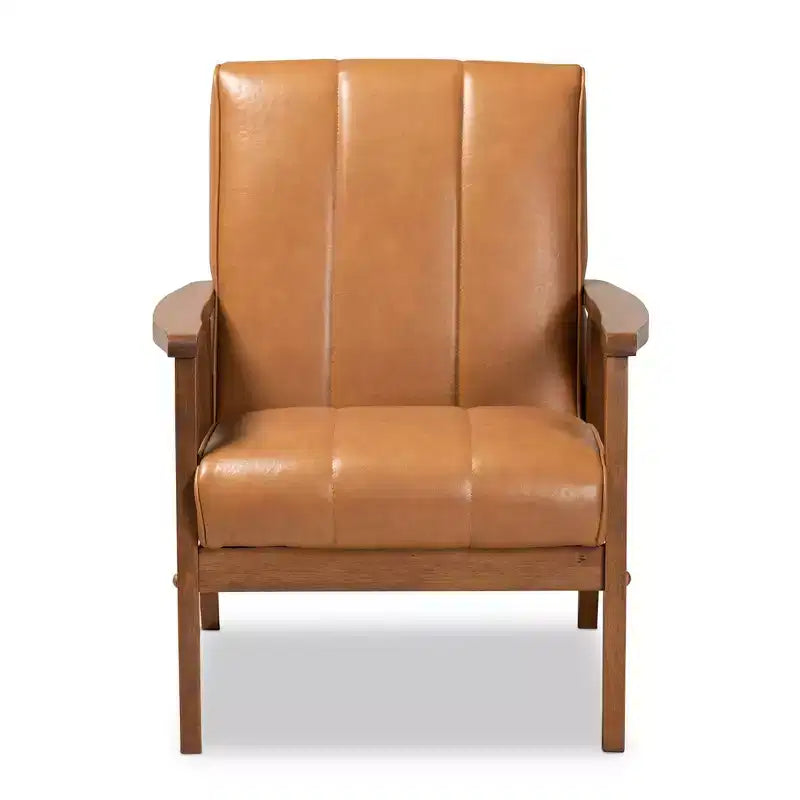 Nikko Mid-Century Faux Leather Upholstered Wood Lounge Chair Walnut/Brown - Baxton Studio: Armless, Rubberwood Frame, Classic Pattern