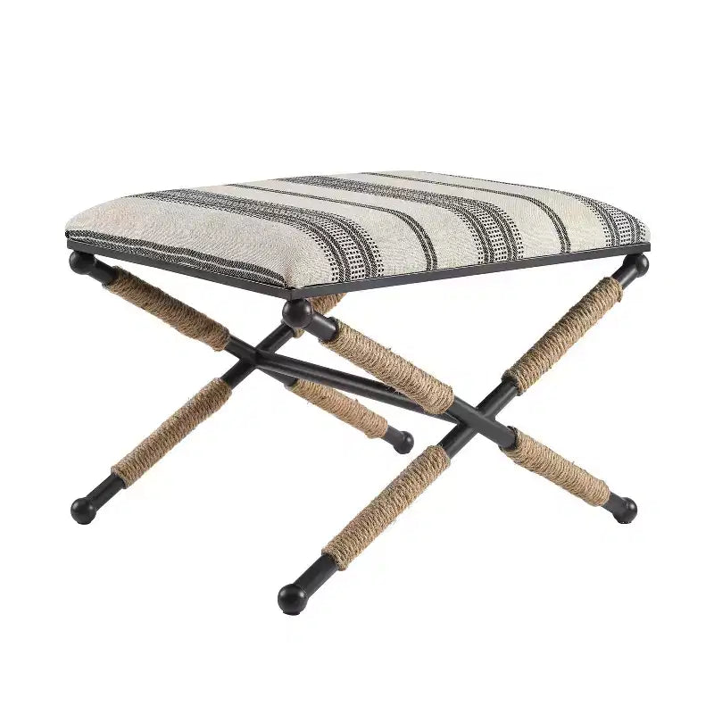 24" Ashburn Boho Rope Wrapped Campaign Accent Stool Ottoman: Cushioned, No Assembly - Linon