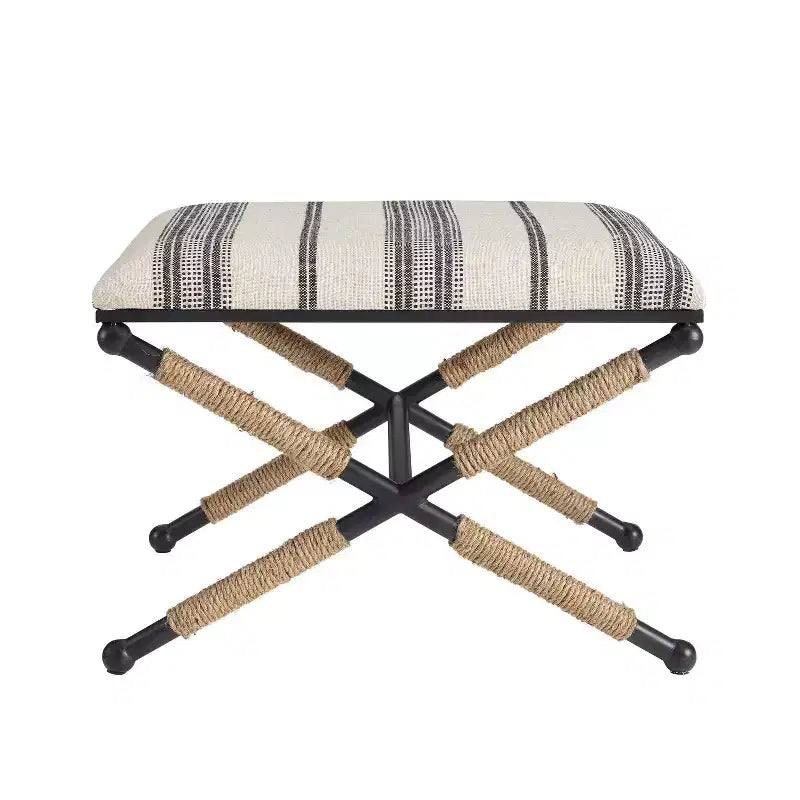 24" Ashburn Boho Rope Wrapped Campaign Accent Stool Ottoman: Cushioned, No Assembly - Linon