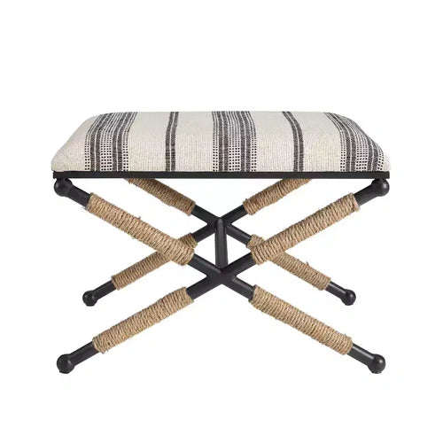 24" Ashburn Boho Rope Wrapped Campaign Accent Stool Ottoman: Cushioned, No Assembly - Linon