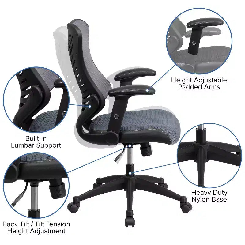 Sedia da ufficio ergonomica girevole Flash Furniture con schienale alto in rete, braccioli regolabili