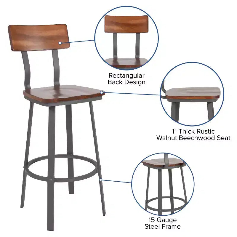 Emma and Oliver Rustic Walnut Dining Barstool with Wood Back/Seat & Gray Frame